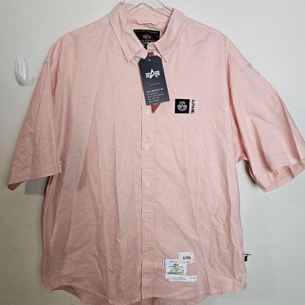Alpha Industries Button Down Short Sleeve Shirt NWT Men's Pink Size XL